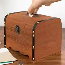 Piggy Bank Organizer with Lock, Vintage Wooden Treasure Chest, Decorative Home Storage Box Case